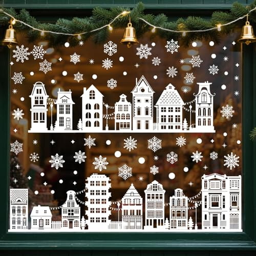 AhfuLife 137 Piezas de Pegatinas Navideños para Ventanas, 9 Láminas de Copos de Nieve para Decorar Ventanas, Adhesivos Reutilizables de Doble Cara para Decoración Navideña de Hogar y Fiestas