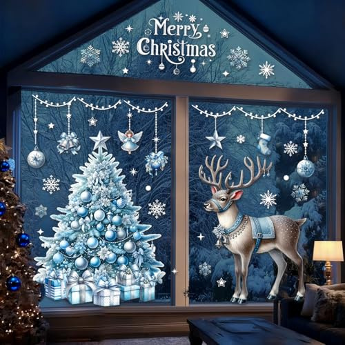GAEEP Christmas Window Stickers Large, 118 Pcs Blue Xmas Window Clings Reusable, Double Sided Big Windows Decals Christmas Scene for Shop Xmas Decorations with Snowflake Reindeer Tree for Glass Door