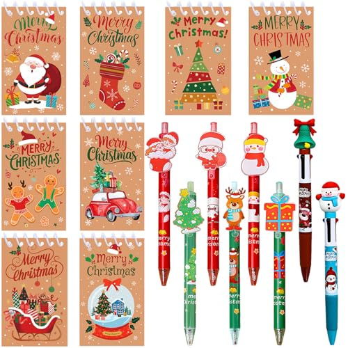 Idealmuzik 16 Pcs Appreciation Gift Mini Notepads with Pens Set, North Pole Spiral Memo Pads and Ballpoint Pens, Official Santa Delivery Notebooks for Holiday Classroom Party Favors