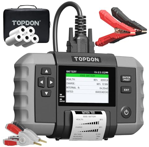 TOPDON BT600 Plus Testeur de Batterie Voiture 6V 12V 24V, Analyseur de Batterie avec Tests Démarrage/Charge/Système 12V/24V, Tests Résistance et Séquence, Écran 3,5, Batterie Intégrée et Imprimante