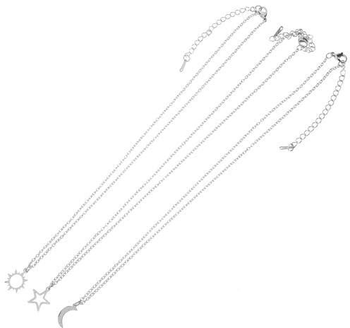 Uonlytech Conjunto de Collar Familiar de Acero Inoxidable Colgantes de Sol, Luna y Estrella, Cadena de Clavícula para Mujer, Joyería para Compañeros y Uso Diario, 3 Piezas