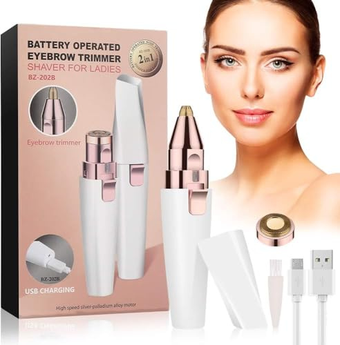 Tondeuse à Sourcils 2 en 1 Epilateur Sourcil électrique pour femmes, Rasoir Électrique Femme Rechargeable,Épilateur Visage Femme Indolore Flawless avec LED Visage/Sourcils/Moustache/Cheveux/Corps