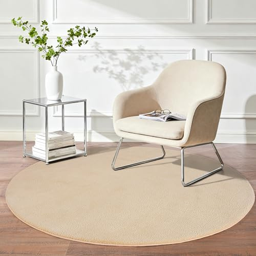 iEvery Teppich Rund 120 - Waschbarer Kuscheliger Kurzflor Teppich, Weich & Pflegeleicht Moderner Carpet rutschfest für Schlafzimmer Wohnzimmer Bettvorleger & Kinderzimmer Deko, Beige