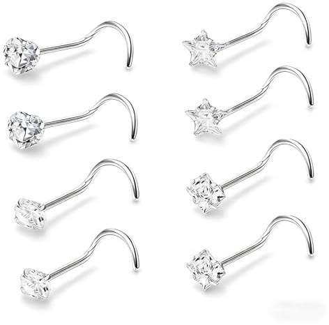 Trifletopia 8 Pcs Nose Stud Set, Titanium Stainless Steel Corkscrew Nostril Piercing Jewellery with Clear CZ Star Heart Designs, 20G Small Nose Rings for Women Men Daily Wear Party Dating