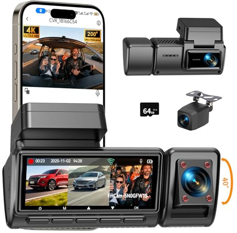 CARTSDOII Dashcam Auto,3 Kanal Vorne Hinten Innen 4K+1080P+1080P Dash Cam,490°Weitwinkel-Rundumschutz,Auto Kamera mit 64GB SD Karte,3.16,Nachtsicht,WDR,WiFi,G-Sensor,Loop-Aufnahme,24H Parküberwachung
