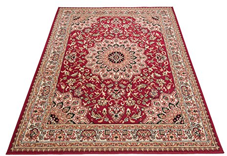 Carpeto Rugs Klassischer Orientteppich & Perserteppich mit Orientalisch Ornamente Mandala Muster Kurzflor in Beige Rot/TOP Preis - ÖKO TEX (140 x 200 cm)