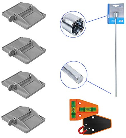 4 x Stützplatten für Wohnwagenstützen + Wasserwaage + passender 19mmVerlängerung