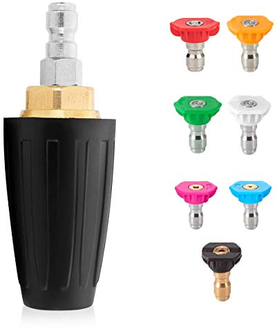 Buse turbo pour nettoyeur haute pression, buse rotative et 7 embouts, 360 ° avec connexion rapide de 6,3 mm - Plusieurs degrés (0, 15, 25, 40 degrés, rinçage 1, savon 2) 4,0 GPM Orifice, 4000 psi
