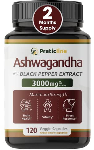 PRATIC LINE Ashwagandha Capsules 3,000 mg - 120 Vegan Cap Made with Organic Ashwagandha Powder and Root Extract. Gluten Free. Made in USA