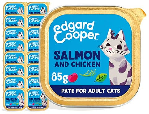 Edgard Cooper Comida humeda gatos, Adultos,Salmón & Pollo, 85g x 16, Pate gatos, Pienso gatos Esterilizados y Activos, Sin cereales, Ingredientes naturales, Hipoalergénico