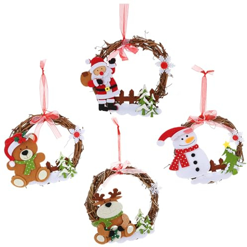 DOITOOL 4 Stück Weihnachtskranz Weihnachtliche Türverzierung Urlaub Haustürschild Ferienhaus Dekoration Weihnachtstürkränze Weihnachtsbaum-anhänger Rattan Dekorative Gegenstände