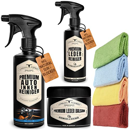 URBAN Forest Kit d'entretien professionnel de l'intérieur de voiture | Nettoyant de tableau de bord / nettoyant intérieur de voiture + nettoyant pour cuir + baume pour cuir + 4 chiffons en microfibre