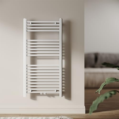 SUNXURY Radiatore da bagno, 1000 x 500 mm, con attacco centrale, tubo rotondo, scaldasalviette, riscaldamento ad acqua calda (448 Watt, bianco)