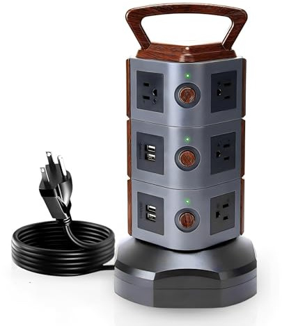 Surge Protector Power Strip Tower -Power Tower Outlet with USB Ports -Extension Cord with Multiple Outlets - 12 Multi Outlet Extension, 4 USB Socket & 6.5ft Cord for Desk Organizers and Accessories