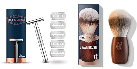 King C. Gillette Rasierhobel Herren, Rasierer + 5 Rasierklingen & Bartpflege Rasierpinsel Herren mit weichen Borsten und Holzgriff, Rasurerlebnis auf Barbier-Niveau, Geschenk für Männer