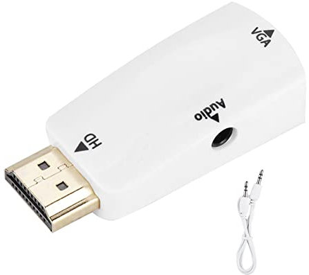 HD 1080P HDMI A VGA, Adaptador HDMI A VGA Chapado En Oro Macho A Hembra Con Cable De Salida De Audio De 3,5 Mm Adaptador VGA A HDMI(Blanco)