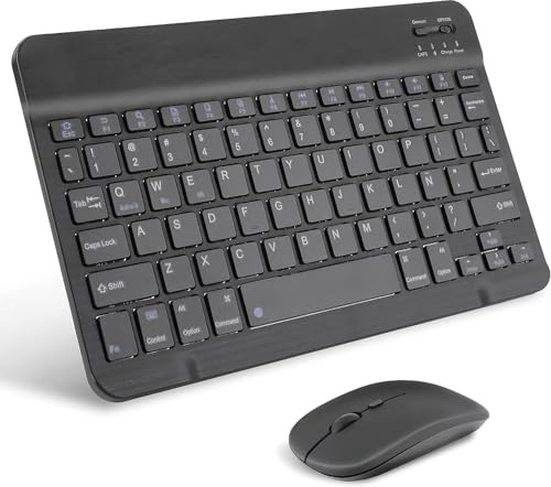 Teclado inalámbrico por Bluetooth portátil, Teclado Universal ultradelgado para Tablet con Mouse inalámbrico, pequeño (Negro)