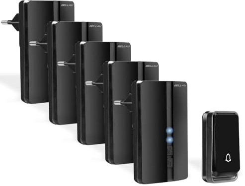 BELL4U Kabellose Türklingel – Batterielose Funkklingel wasserdicht mit 5 Empfängern, LED-Anzeige, 4 Lautstärkestufen, 51 Klingeltöne, 200m Reichweite