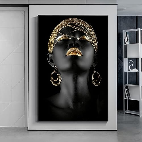 Abstrakt Schwarze Frau Bilder Auf Leinwand, Schwarz Gold Leinwandbilder 70x140cm, Afrikanische Frau Poster Wandbilder XXL Wanddekoration Ohne Rahmen (Schwarz Gold,80x160 cm)