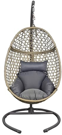 HillSee - Hängesessel mit höhenverstellbar Gestell bis 140 kg Polyrattan Korbhängesessel inkl. Kissen Outdoor & Indoor faltbar, 105X200cm - Grau