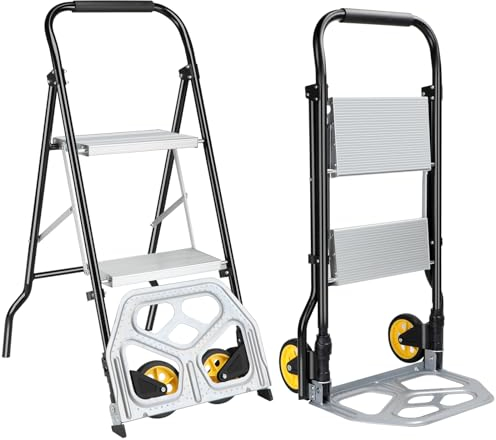 POWSTR 2-in-1 Klappsackwagen und 2-stufige Klappleiter, Aluminium-Sackwagen mit Zwei Rädern zum Heben und Klappleiter mit rutschfesten Stufen für Küche und Büro