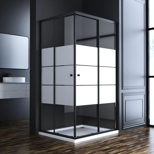 Duschkabine Schiebetür Schwarz 100x100x185cm Eckeinstieg Gestreift Duschabtrennung Doppelschiebetür 6mm Sicherheitsglas Schiebetüren Echtglas Duschtür Duschwand, Montage auf Duschwanne oder Fliese