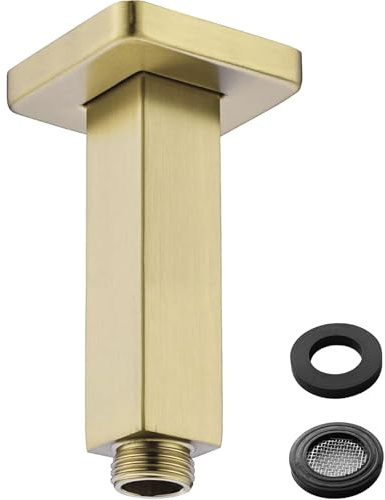 Homyep Gold Shower Arm with Flange, 4 Inch Square Extension Arm for Rainfall Shower Head, NPT 1/2 to G 1/2 Inch, Ceiling Mount, Brushed Gold
