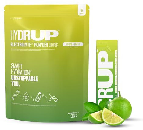 HYDRUP - Electrolitos sin Azúcar en Polvo 1733 mg - Hidratación y Energía al Instante con Vitaminas B y C - Sabor Lima Limón - Paquete Resellable con 6 Sobres de 14 Gramos- Sin Gluten ni Lactosa