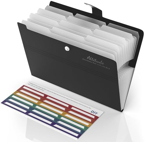 Smarpau Fächermappe a4, 12 Tasche Dokumentenmappe A4, Erweiterbar Mappe | Mappen Ordnersystem Document Folder Mit Druckknopf und Etiketten für Haus,Schule und Arbeitsreise (Schwarz)