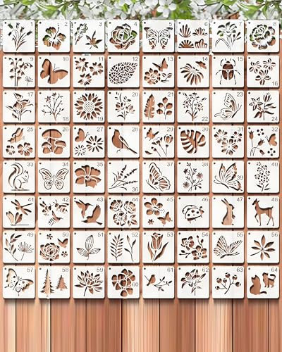 64 Stück Schablonen Set 7.6x7.6cm – Wiederverwendbare Malschablonen für DIY, Möbel, Holz, Boden, Scrapbooking, Textilgestaltung & Handwerk – Kunststoff Zeichenschablonen mit Blumen, Blättern & Tieren