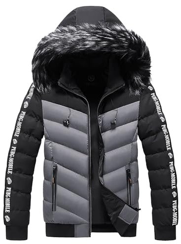 Mens Down Jackets Lightweight Winter Long Sleeve Outdoor Hooded Coat Color Block Casual Thicken Warm Jacket Windproof Mens Quilted Coat for Camping Walking Travelling Grey