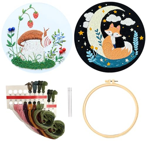 JSTHHTT 2 Piezas Kit de Inicio de Bordado, Juegos de Bordar con Patrone, Kit de Bordado Principiantes, Juego de Bordado Hecho a Mano para Manualidades, para Principiantes y Aficionados