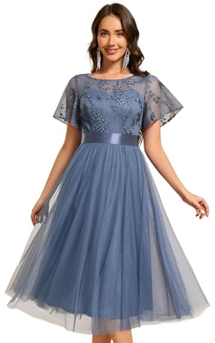 Ever-Pretty Elegante Vestido de Dama de Honor para Mujer Manga Corta Midi Cuello Redondo Azul Polvoriento 40