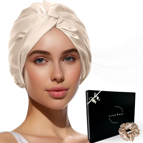 Flortree Seidenhaube zum Schlafen - Schützt Haare vor Bruch & Spliss | Behält Lockenform, spart Zeit beim Styling | Für alle Größen & Haartypen geeignet (Champagner)