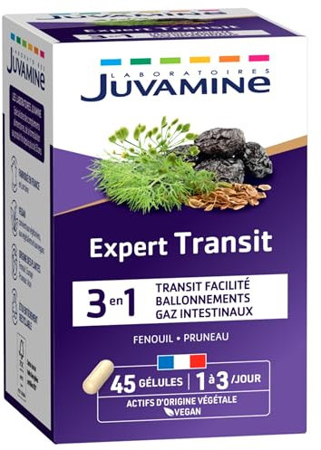 JUVAMINE - Expert Transit 3-en-1 - Transit facilité - Ballonnements - Gaz Intestinaux - Inconfort digestifs - Fenouil - Pruneau - 45 gélules - Fabriqué en France