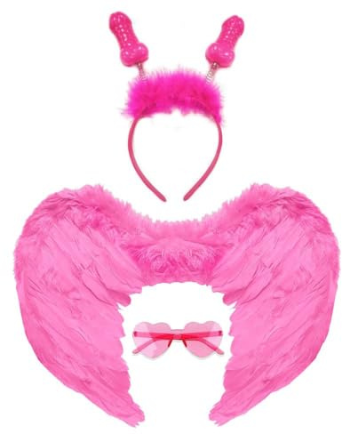 Hochzeitsset rosa Haarreif mit Antennen Erbsen + Herzbrille + Engelsflügel für die sexy Braut auf der heißen Party Junggesellinnenabschied Gadget für Erwachsene 18+
