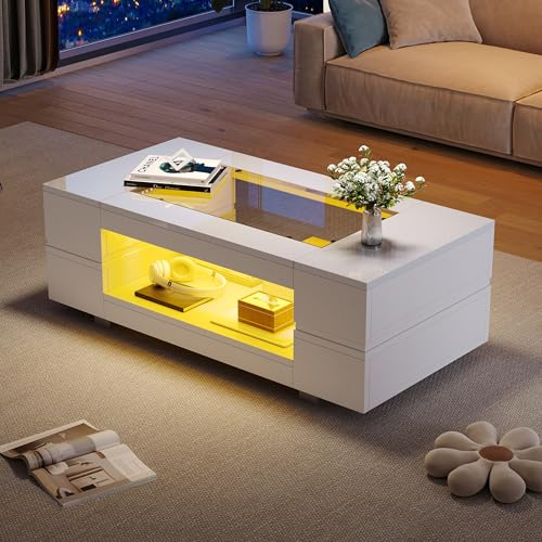 Merax Couchtisch Hochglanz mit LED Beleuchtung, Moderner Wohnzimmertisch mit Einer oberen Glasplatte, Kaffeetisch, Sofatisch Beistelltisch, Rechteckiger Mitteltisch für Büro, Wartebereich, Weiß