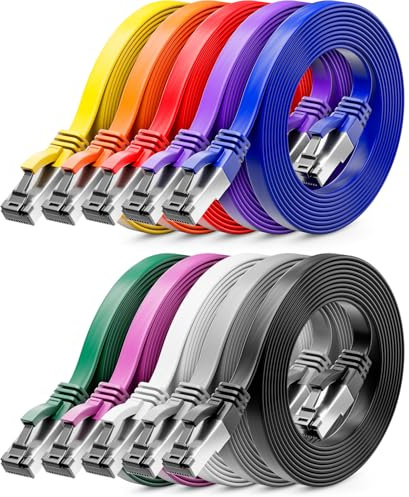 deleyCON 10x 0,25m CAT 8 Cable Red Plano (40 Gbit/s, Cobre) Gigabit Ethernet LAN - Cable Plano Delgado Corto - Conector RJ45 para CAT8 CAT7 CAT6 - Multicolor