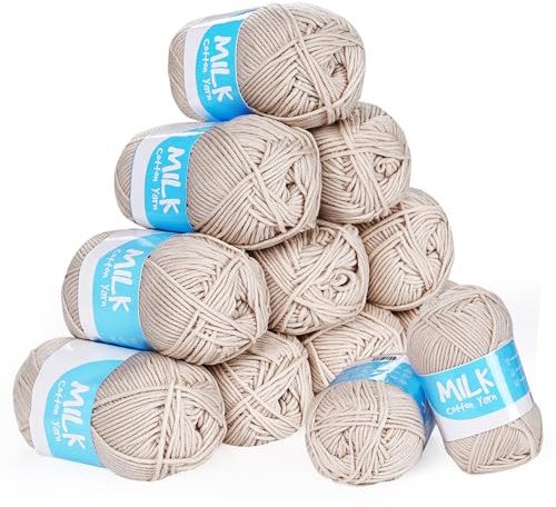 Weiche Häkelwolle Strickgarn, 12x50g Baumwollartiges Acrylgarn Khaki Weiß, 600g Babywolle für Decken & Kleidung, Knotenarm & Farbkonstant, 100m/ Rolle, 5Ply Acrylwolle Set für Anfänger, Profis