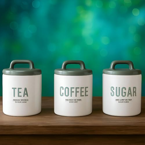 ONE BEST DEAL White Ceramic Tea Coffee Sugar Canisters with Grey Airtight Lids Ideal for Storage Organization of Dry Ingredients