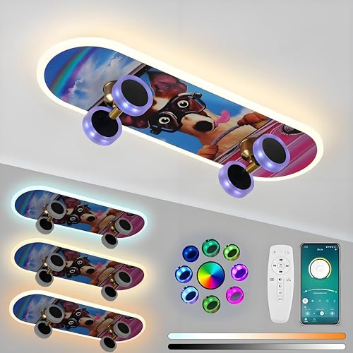 LED Kinderzimmer Deckenleuchte | RGB Farbwechsel Dimmbar mit Fernbedienung & APP | Skateboard Design Kinder Deckenlampe für Junge/Mädchen Schlafzimmer Modern Deko | mit Memory-Funktion, 32 Watt, L60CM