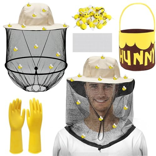 PANMAY Bikostym vuxen biodlarhatt med slöja myggnät huvudskydd mygghatt handskar filmarin bi ullfilt med självhäftande dispenser för karneval cosplay