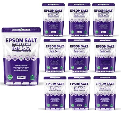 Epsom Bath Salts 1kg – Lavender & Chamomile Scent | Natural Magnesium Sulphate | Calming Bath Soak for Deep Relaxation, Sleep Support & Muscle Recovery (Pack of 10)