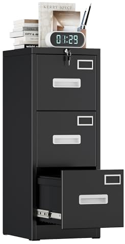 FlairVibe Armoire de classement A4 - en métal - Verticale - Armoire de Bureau pour Bureau à Domicile - Support d'imprimante - avec 3 tiroirs verrouillables pour dossiers Suspendus (Noir)