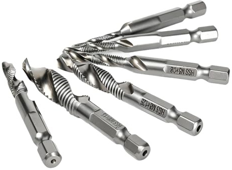 Lot de 6 forets combinés et tarauds M3, M4, M5, M6, M8, M10, en acier, tarauds combinés avec tige hexagonale, changement rapide, résistant à la rouille, pour métal, bois et plastique