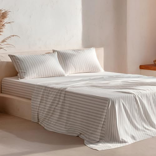 GAMUSI Set di lenzuola a righe per letto 180 x 190/200, 100% cotone, 4 pezzi, traspirante, morbido, colore acqua