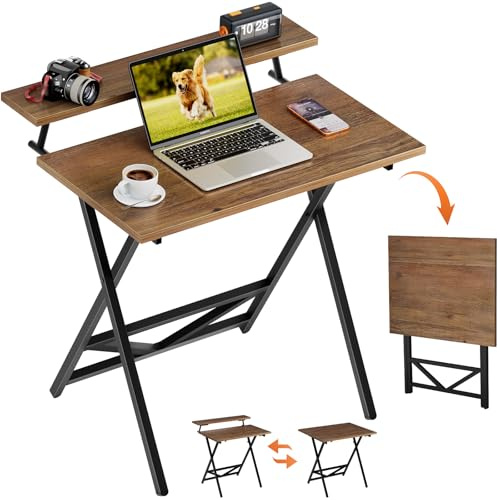 WOHOMO Klappbarer Schreibtisch mit Monitorablage, höhenverstellbar (3 Stufen), platzsparender Computertisch für Homeoffice, Wohnzimmer, Schlafzimmer, Camping, Kinderzimmer, Walnuss