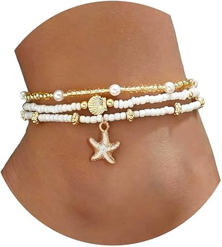 YEAMLTE Fußkettchen Muschel Boho Fußkette Seesterne Fußkettchen Sommer Strand Meer Muschel Schmuck Mädchen für Sommerliche Strandpartys und Urlaube