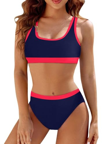 Traje de Baño Bikini Dos Piezas para Mujer Push Up Patchwork de Rayas Deportivo Cintura Alta Secado Rápido Control de Vientre, Bañador Reductor Conjunto de Verano S-XXL