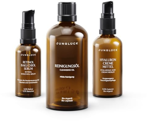 JUNGLÜCK Glatt & Strahlend Trio – Reinigungsöl 100ml + Retinol Bakuchiol Serum 30ml + Hyaluron Creme Mittel 50ml – 0,2% Retinol, 0,5% Bakuchiol & Hyaluron – Anti-Aging Routine Gesicht